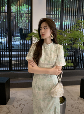 ZHUYIYI 轻国风新中式连衣裙女改良旗袍年轻款高端气质绿色碎花裙