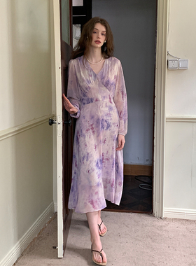 ZHUYIYI 紫色碎花收腰系带长袖早秋连衣裙女2025新款长款原创设计