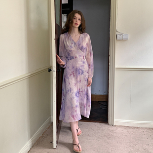 ZHUYIYI 紫色碎花收腰系带长袖早秋连衣裙女2025新款长款原创设计