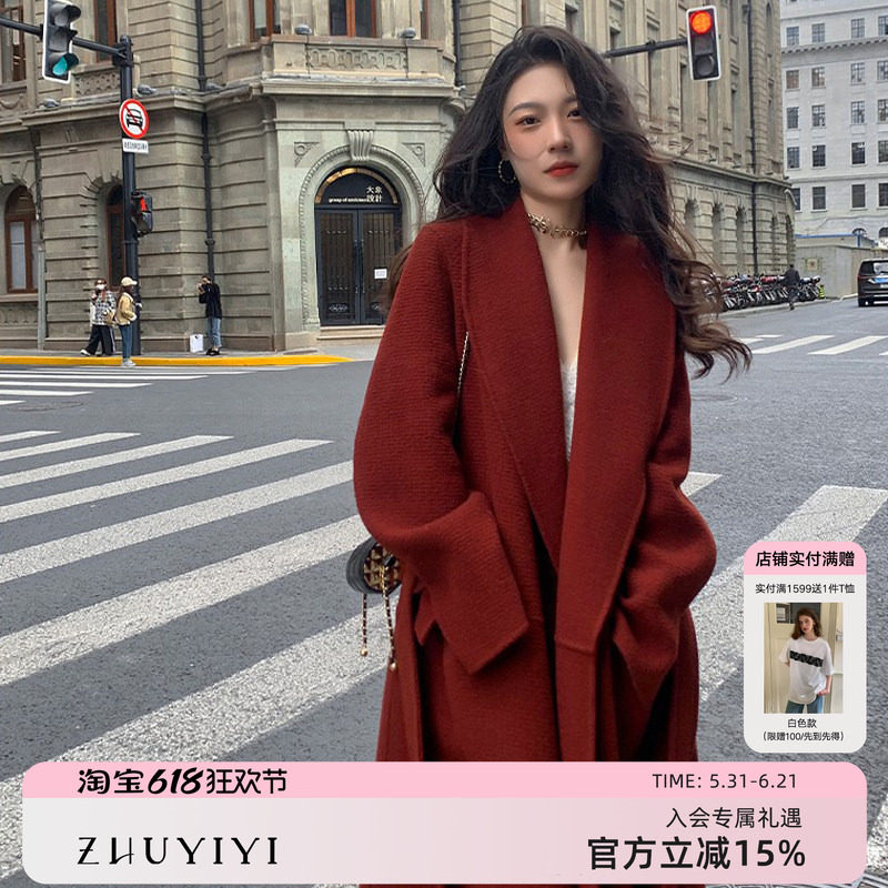 ZHUYIYI 红色双面大衣女冬高端长款气质宽松毛呢外套结婚订婚