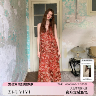ZHUYIYI100苎麻印花高级感挂脖红色连衣裙女原创设计新款度假长裙