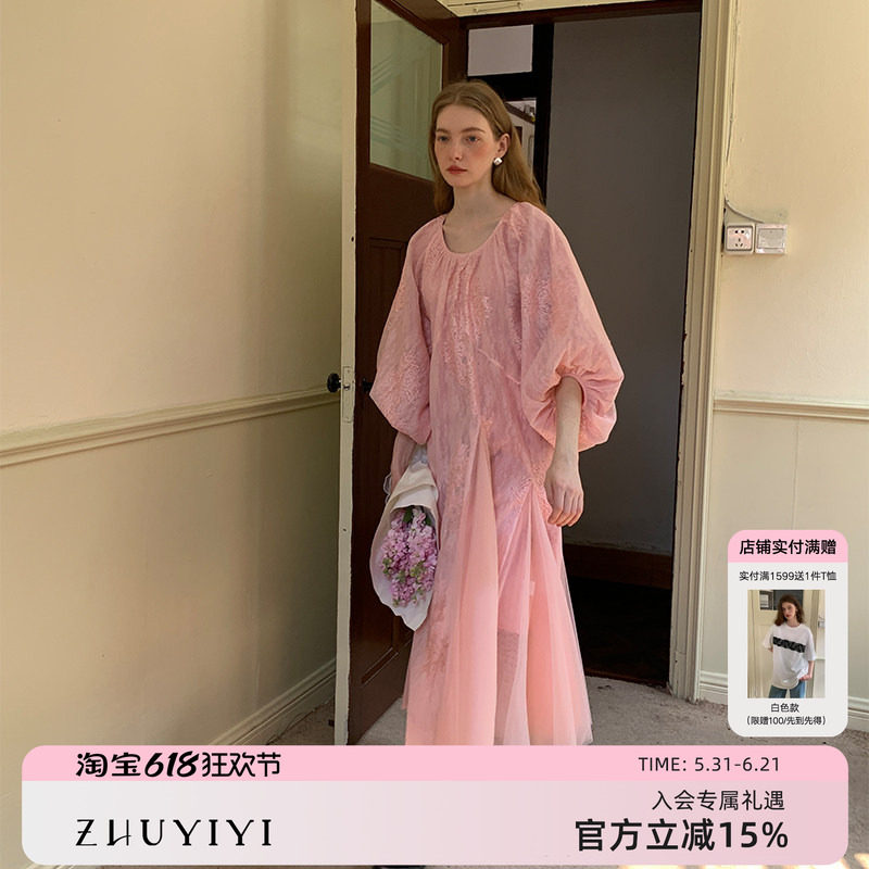 ZHUYIYI 法式蕾丝薄纱中袖春季连衣裙女温柔仙女裙原创设计长裙