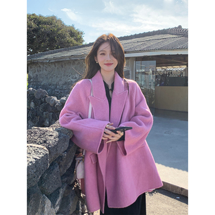 ZHUYIYI 2025新款粉色双面羊绒大衣女春秋短款小个子高端毛呢外套