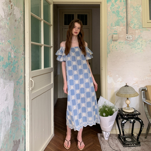 ZHUYIYI 一字肩连衣裙女夏蕾丝刺绣宽松显瘦长裙 设计感新款