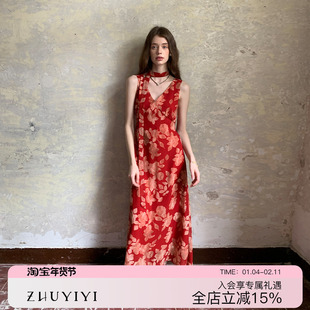 ZHUYIYI 印花无袖红色连衣裙女夏新款收腰显瘦原创设计飘带高级感