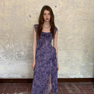 ZHUYIYI 法式侧开叉薄纱连衣裙女夏方领碎花收腰显瘦高级感原创