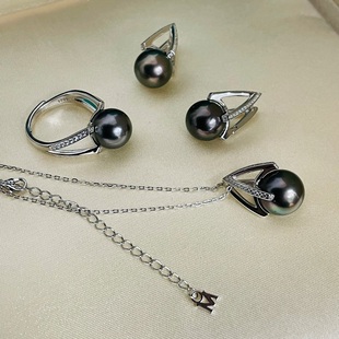 M家经典三角吊坠戒指耳钉纯银大溪地黑珍珠11-13mm圆形微瑕
