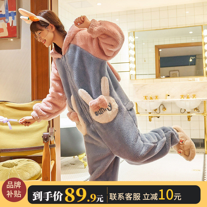 睡裙女2021年秋冬季新款珊瑚绒加厚大码连体睡衣法兰绒学生家居服