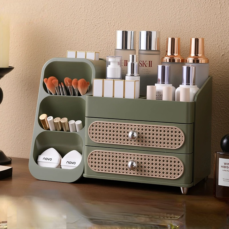 中古风化妆品收纳盒家用梳妆台感多功能桌面口红护肤品化妆盒