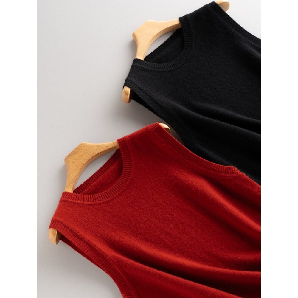 2024秋冬新款100纯山羊绒衫女圆领套头马甲无袖宽松侧开叉针织衫