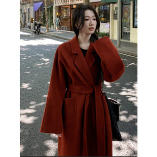 羊绒大衣女款2025新款秋冬安哥拉红高级感纯羊毛双面呢子大衣浴袍