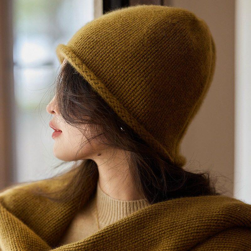 100%纯山羊绒浅顶羊绒帽3针26支9股加厚卷边针织帽子男女帽秋冬画