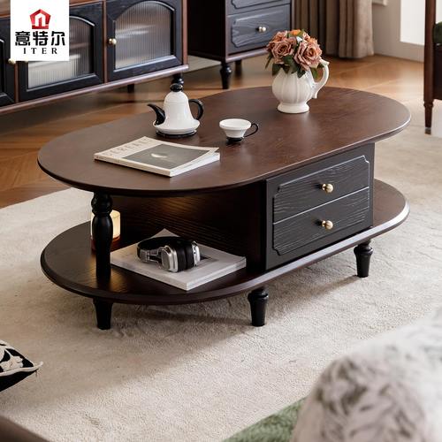 中古风实木茶几客厅家用小户型2025新款美式复古沙发边小桌子茶桌
