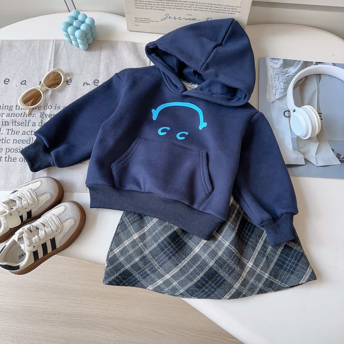 2025秋冬新款女童套装韩版时髦加绒加厚连帽卫衣格子半身裙