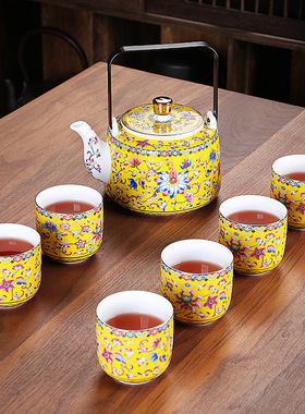 珐琅彩玉瓷功夫茶具套装家用宫廷风提梁大号泡茶壶茶杯整套礼盒装