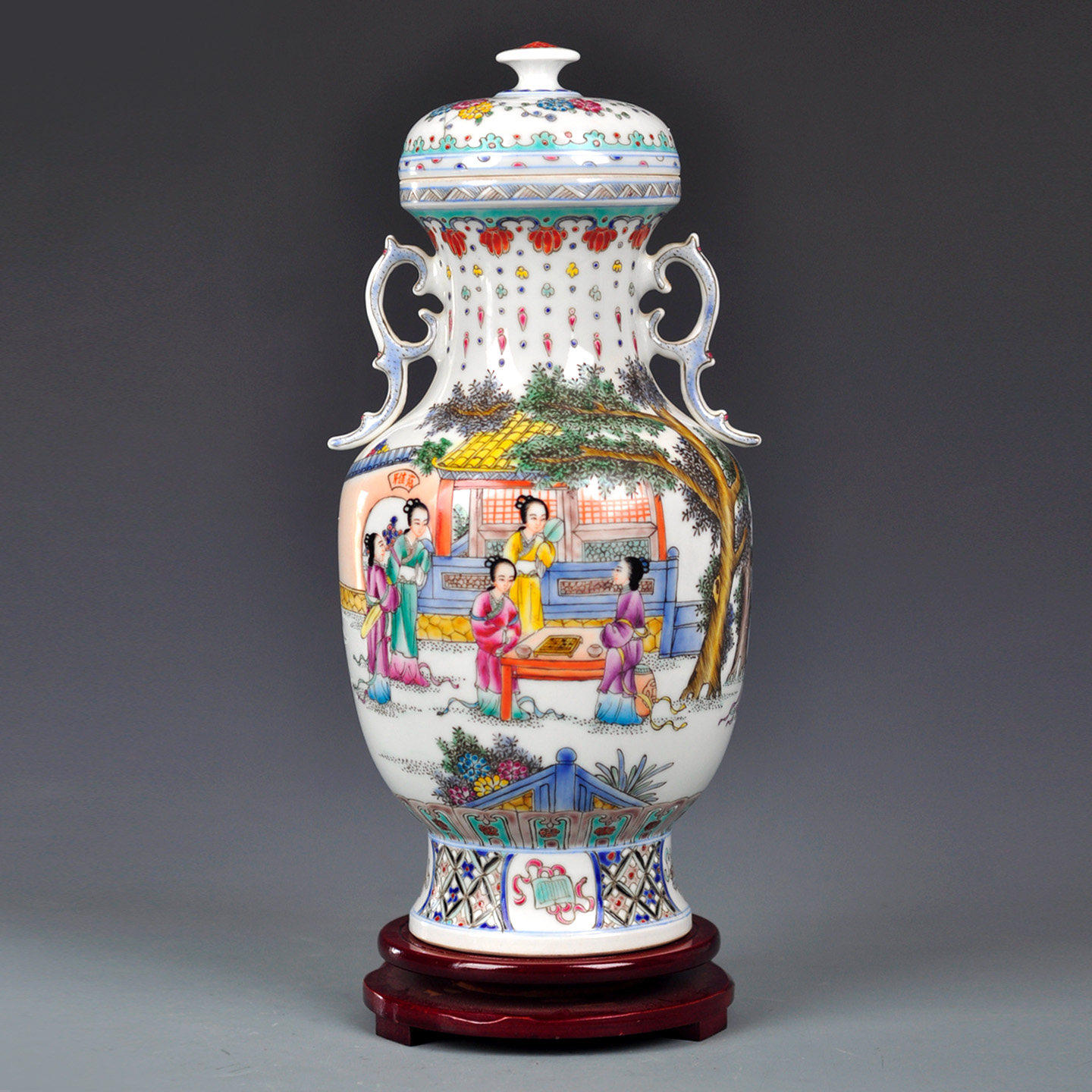 景德镇手绘粉彩双耳花瓶陶瓷古典装饰摆件带盖博古架工艺品摆设,家居饰品,桌面摆件,淘宝优惠券,粉丝福利购,淘宝优惠卷