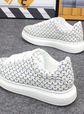 潮牌印花小白鞋男女增高厚底低帮板鞋情侣百搭系带学生休闲运动鞋
