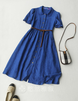 亚麻衬衫裙配独立腰带