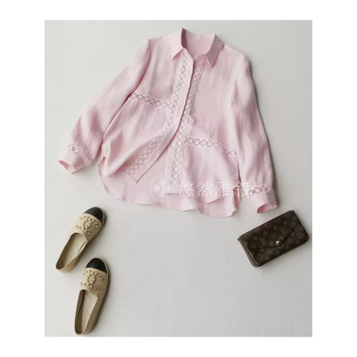 原368现198  清新甜美粉白两色 浪漫镂空花 小宽松长袖亚麻衬衫