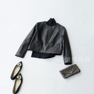 高系 细腻感犹如第二层皮肤 压菱格工艺 简约圆领小羊皮皮衣外套