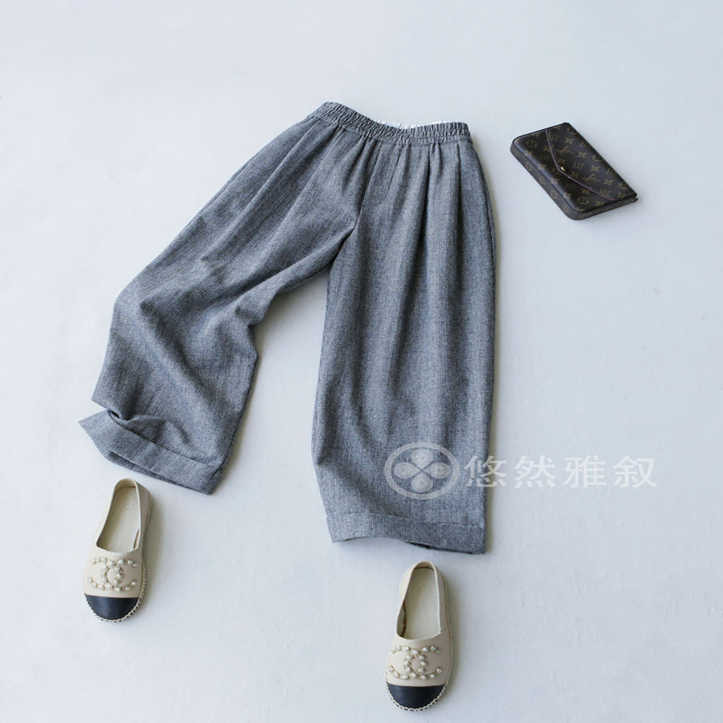 秋冬新 抽绳加宽松紧腰 时髦千鸟格直筒小宽松挽脚羊毛混纺九分裤