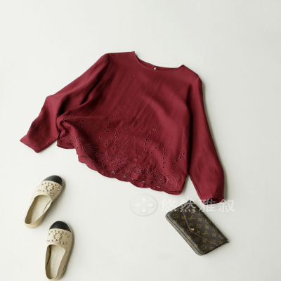 原398 现258 两色 精美立体刺绣镂空花 乖巧小A宽松版 亚麻长袖衫