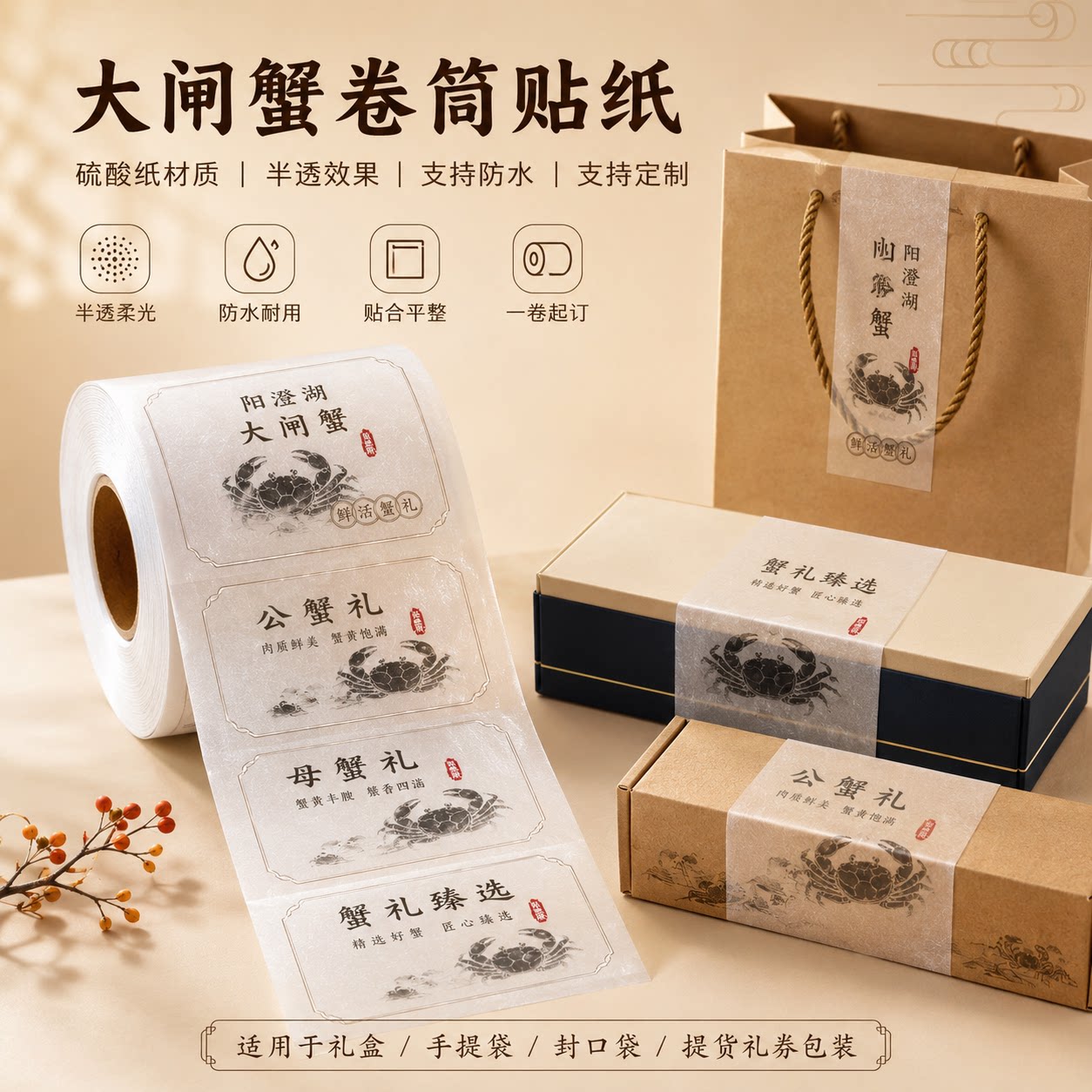 海鲜大闸蟹礼盒卷筒不干胶 半透柔光硫酸纸防水封口贴纸一卷起订