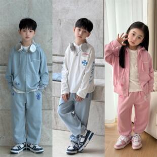 小七baby26春夏新款 T恤男女儿童宝宝YM1 休闲运动纯棉连帽粉蓝套装