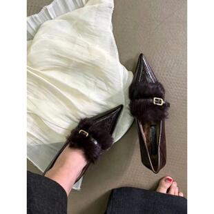 巨显瘦~！气质尖头细跟兔毛毛鞋女秋冬外穿加绒保暖高跟浅口单鞋