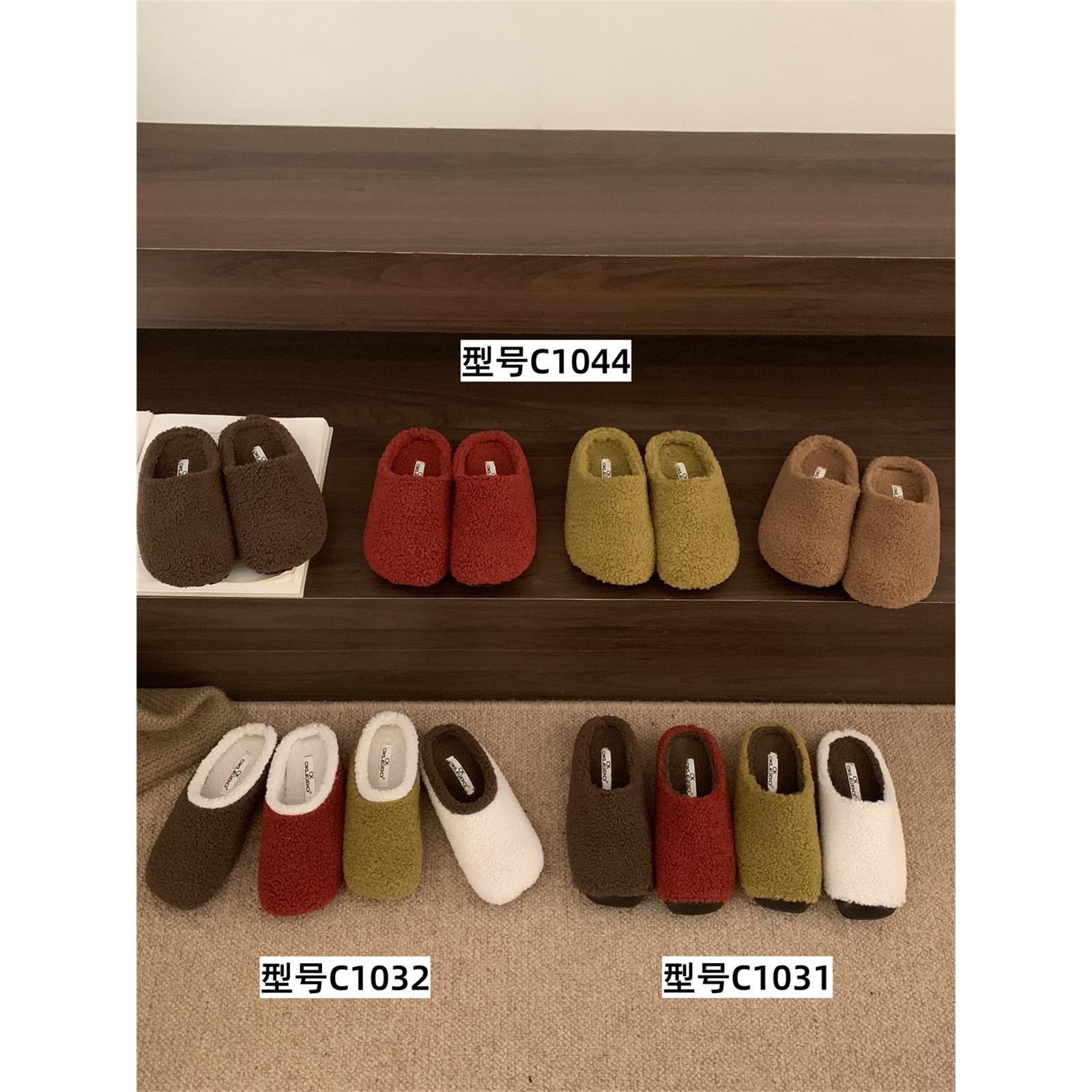 复古羊羔毛加绒毛毛拖鞋女外穿2025新款小香风拼接懒人一脚蹬棉拖