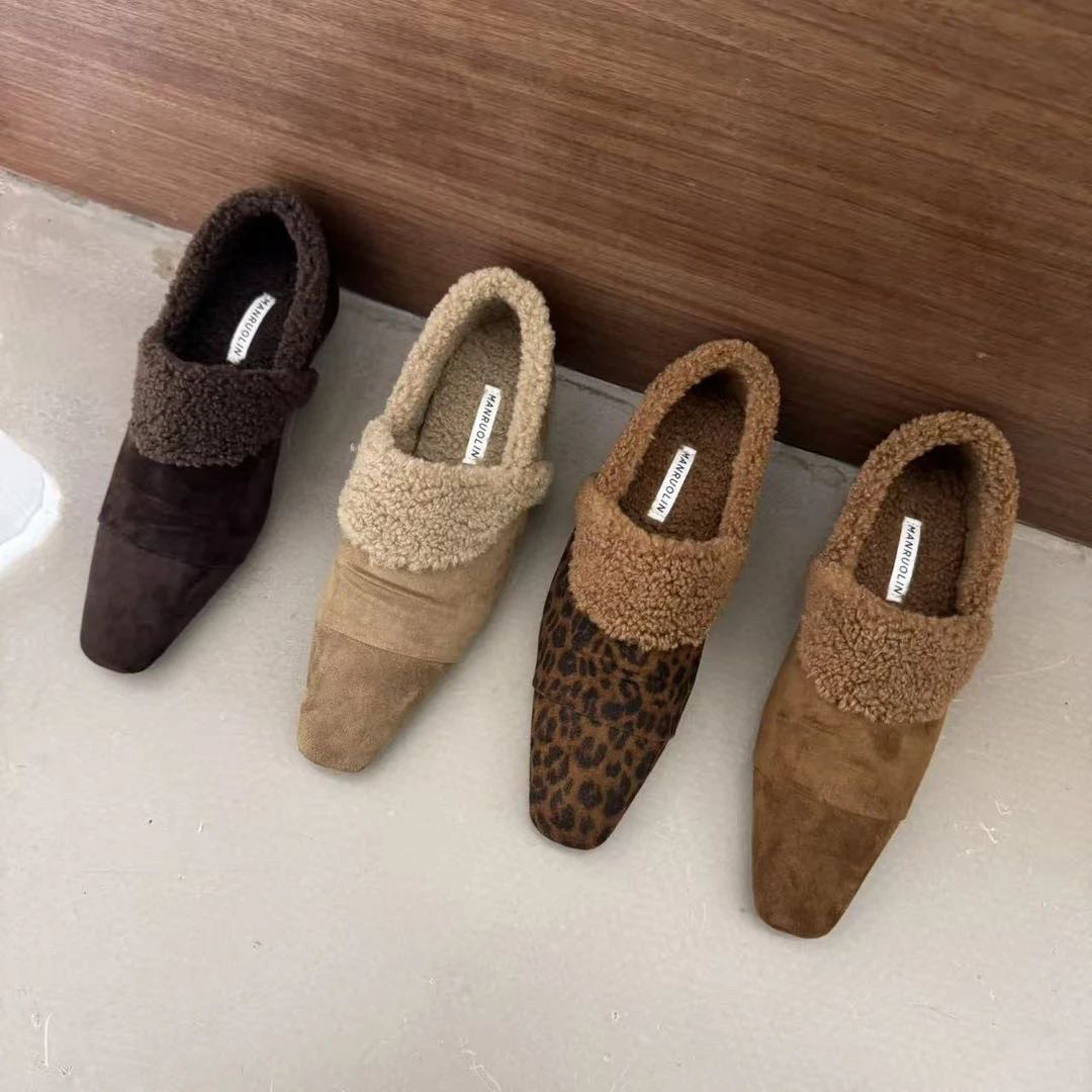 2025新款方头豹纹平底鞋女鞋一脚蹬懒人鞋单鞋加绒保暖毛毛鞋女冬