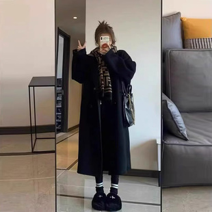 黑色双面羊绒呢子大衣女中长款2024秋冬新款高级感韩系毛呢外套女