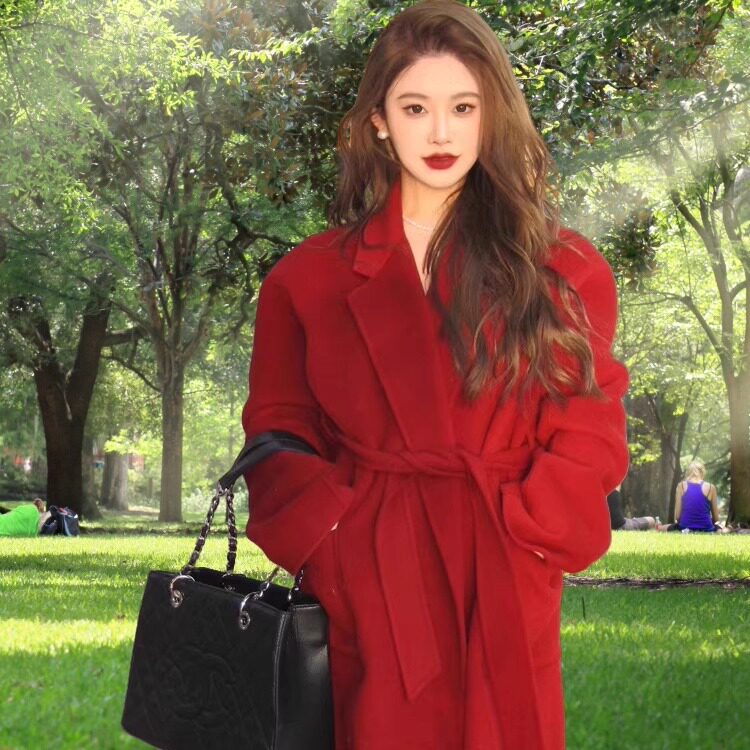 高端酒红色羊绒大衣女洋气2025秋冬季新品中长款小个子双面呢外套
