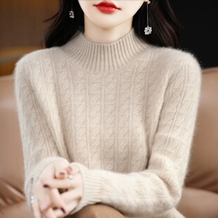 鄂尔多斯市产羊绒衫女100%羊绒半高领宽松加厚针织百搭打底衫毛衣