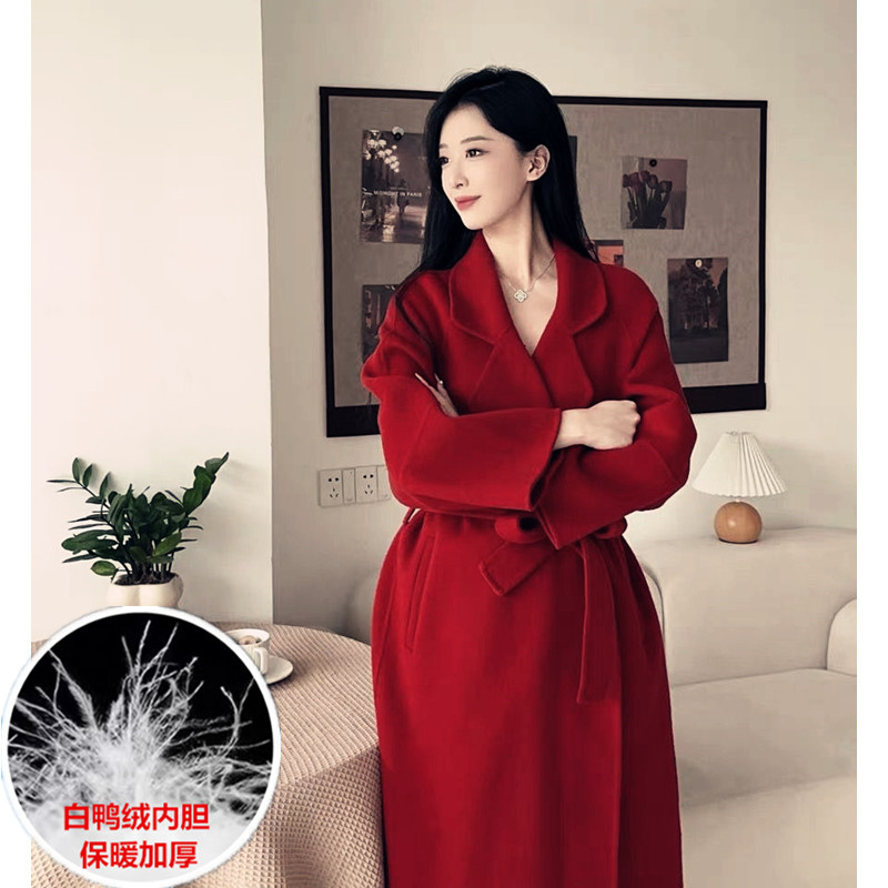 高端酒红色双面羊绒大衣女2024秋冬新品韩版宽松小个子羊毛呢外套
