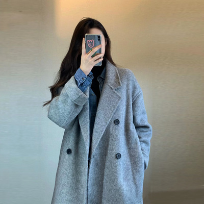 灰色双面羊绒大衣女秋冬高级感2024新款小个子羽绒服内胆毛呢外套