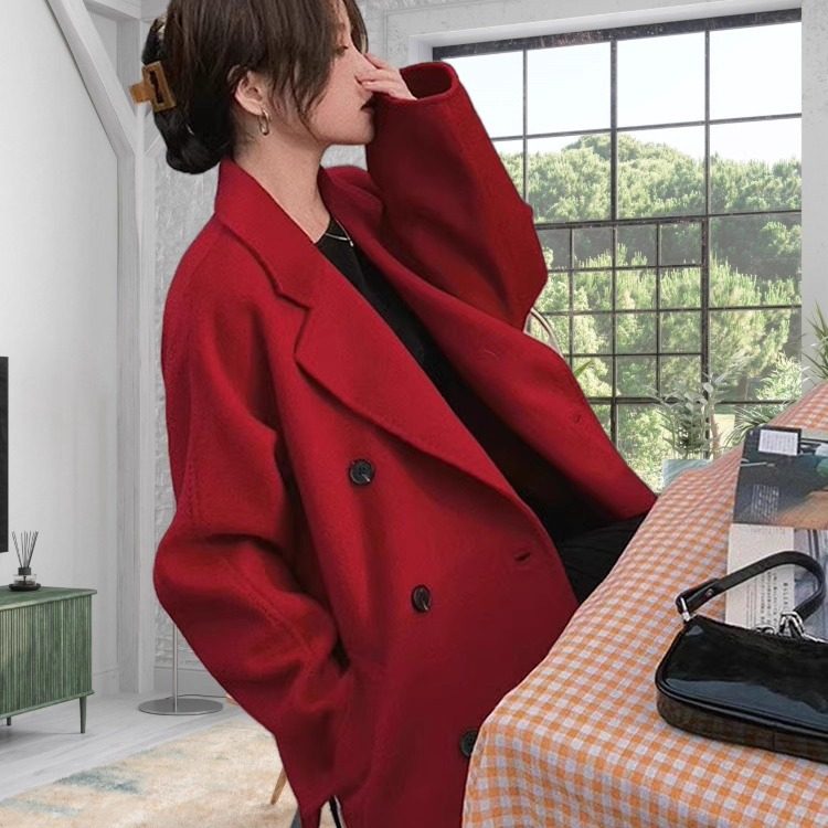 高端红色双面羊绒大衣女2025秋冬新品韩系小个子时尚显瘦毛呢外套
