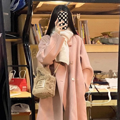 粉色双面呢羊绒大衣女小个子2024秋冬高级感赫本风中长款毛呢外套