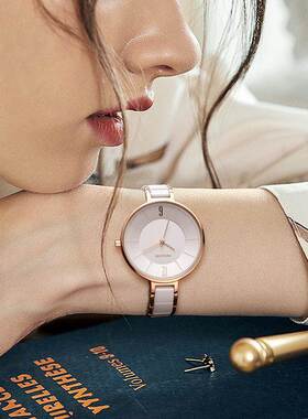 雷克斯正品2025新款轻奢小众设计超薄陶瓷石英手表女士防水送女友