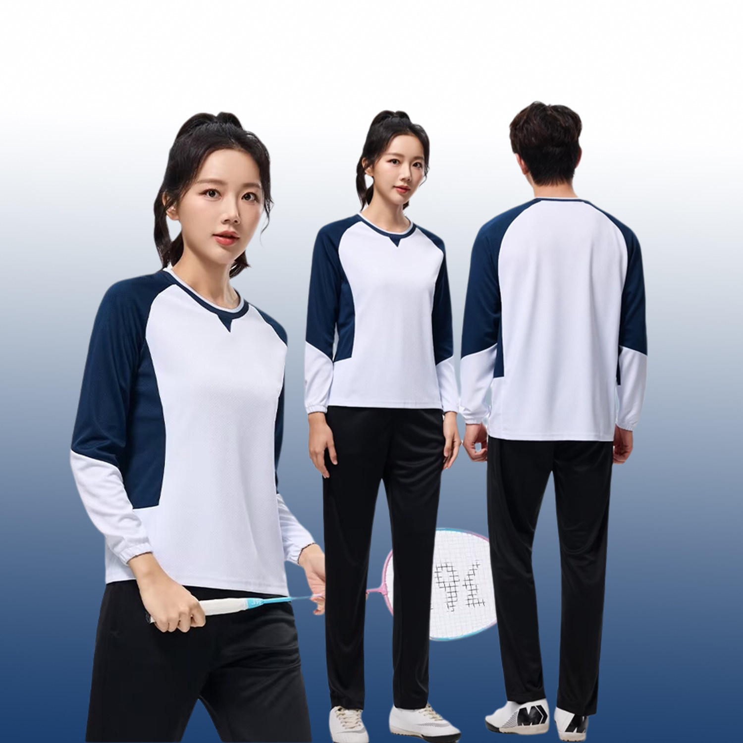 新款羽毛球服长袖套装男女长裤