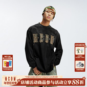 MEDM 上衣 情侣宽松圆领打底衫 撞色领口毛边贴布字休闲长袖 T恤美式