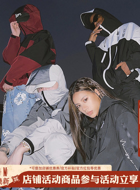 MEDM国潮户外防风连帽冲锋夹克外套男潮牌秋美式休闲撞色宽松夹克