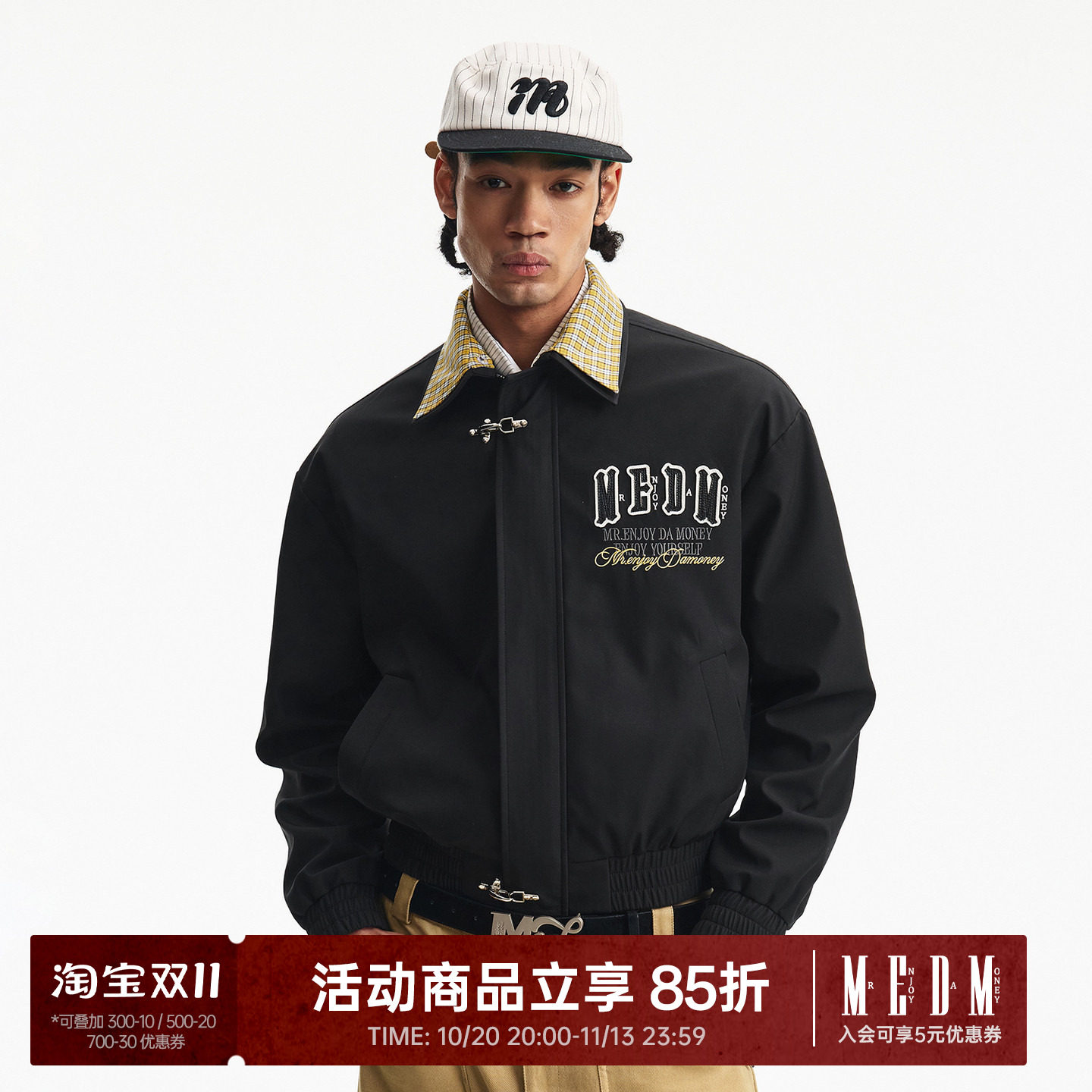 MEDM 双层领小格纹撞色飞机扣休闲夹克字母贴布刺绣高级翻领外套