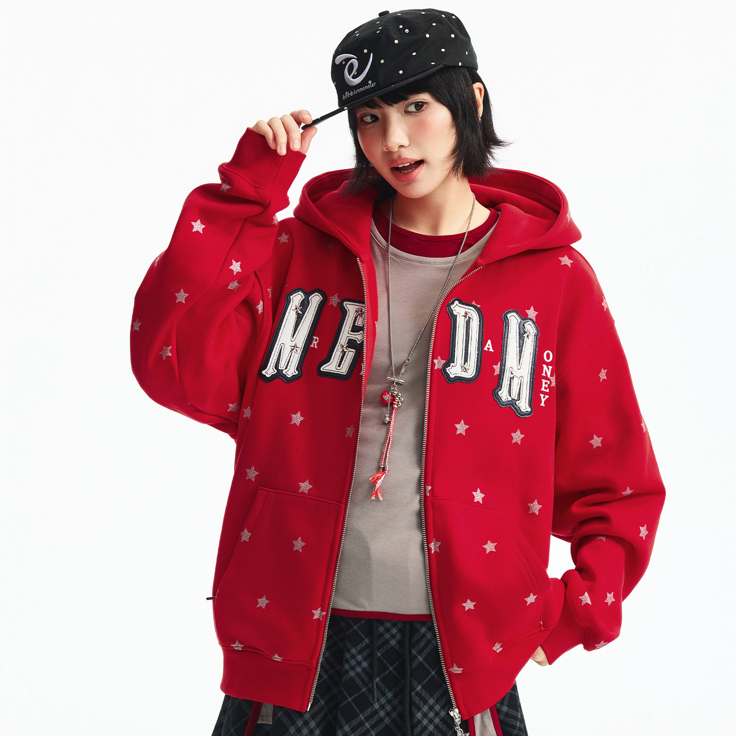 MEDM 闪粉小星星双层刺绣贴皮休闲开衫连帽卫衣休闲情侣加绒帽衫