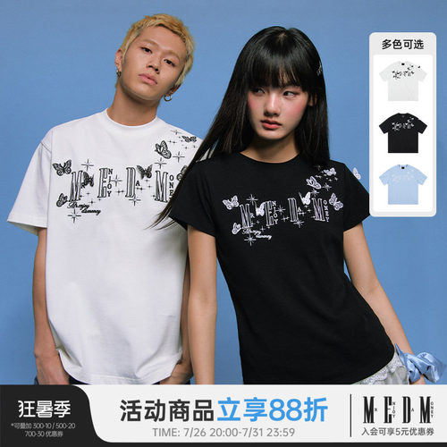 MEDM立体蕾丝蝴蝶短袖T恤男女同款情侣装夏季潮牌美式休闲体恤tee