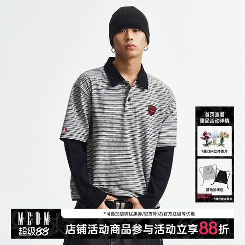 MEDM 条纹假两件休闲翻领polo长袖字母刺绣通勤百搭情侣宽松上衣