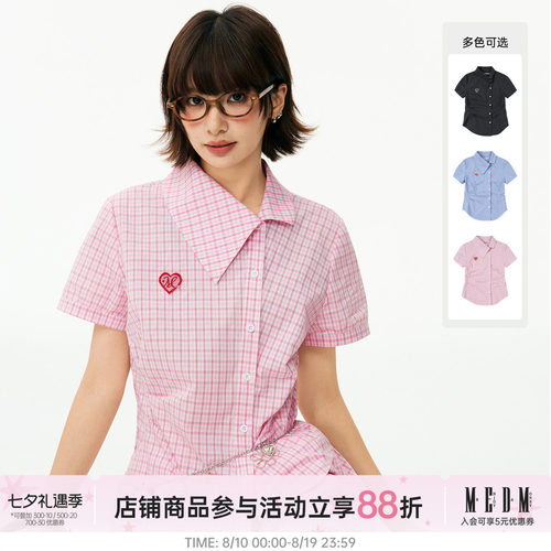 MEDM爱心格子斜襟收腰短袖衬衫
