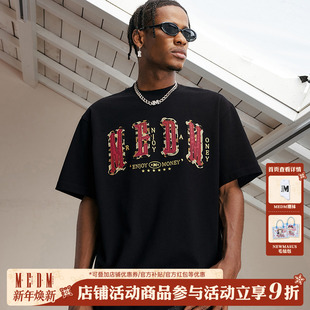 复古休闲五分半袖 MEDM字母贴皮短袖 美式 2025新款 上衣服tee T恤男士