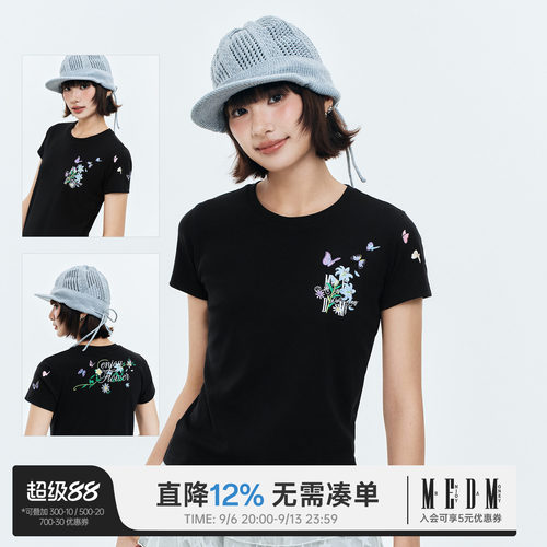MEDM蝴蝶刺绣logo修身显瘦T恤女