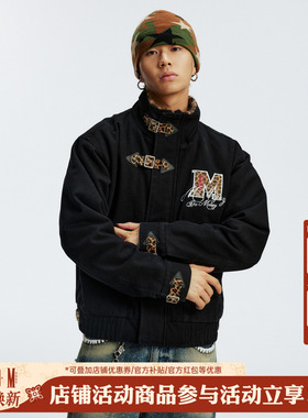 MEDM 黑色皮带扣拼立领豹纹休闲夹克冬美式潮流保暖情侣拉链棉服